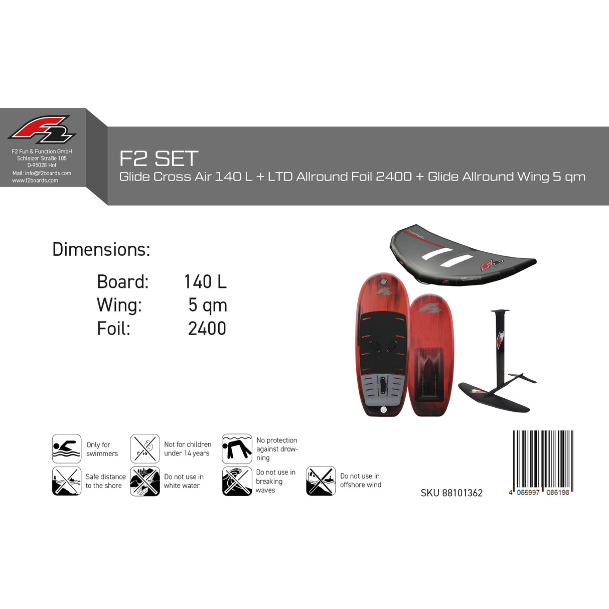 F2 Set Glide Cross Air 140L + LTD Allround Foil 2400 + Glide Allround Wing 5qm
