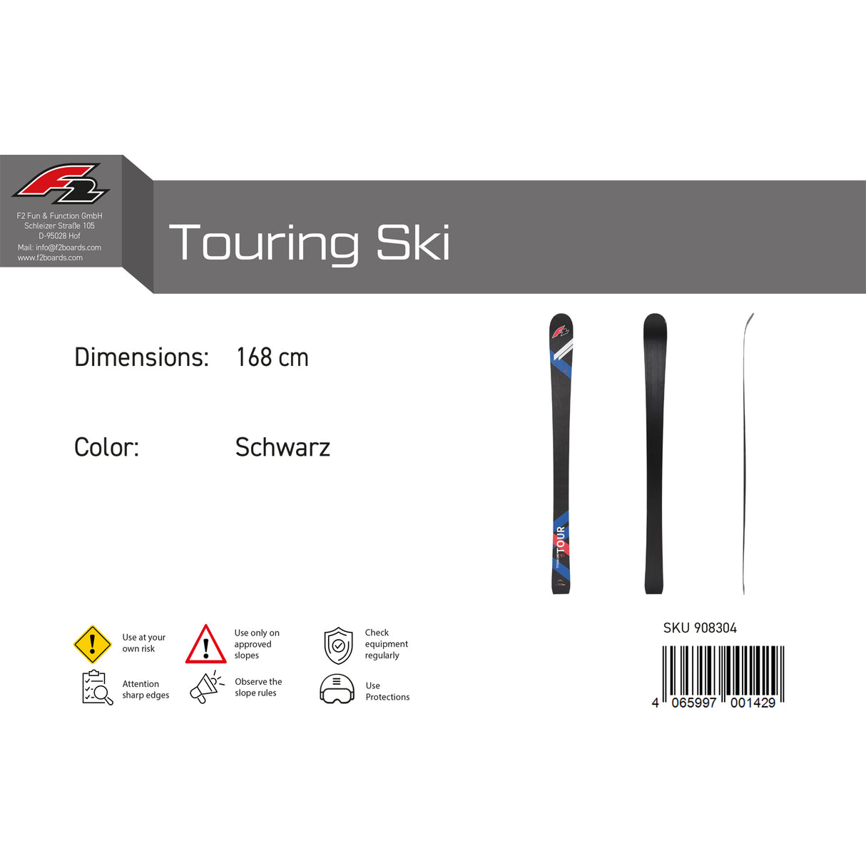 F2 Ski Touring Ski 154-175cm Größe wählbar Schwarz