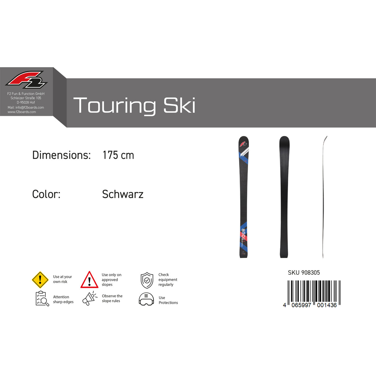 F2 Ski Touring Ski 154-175cm Größe wählbar Schwarz