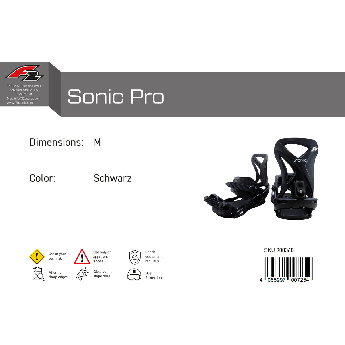 F2 Herren Snowboard Soft Bindung Sonic Pro M-L Größe wählbar Schwarz