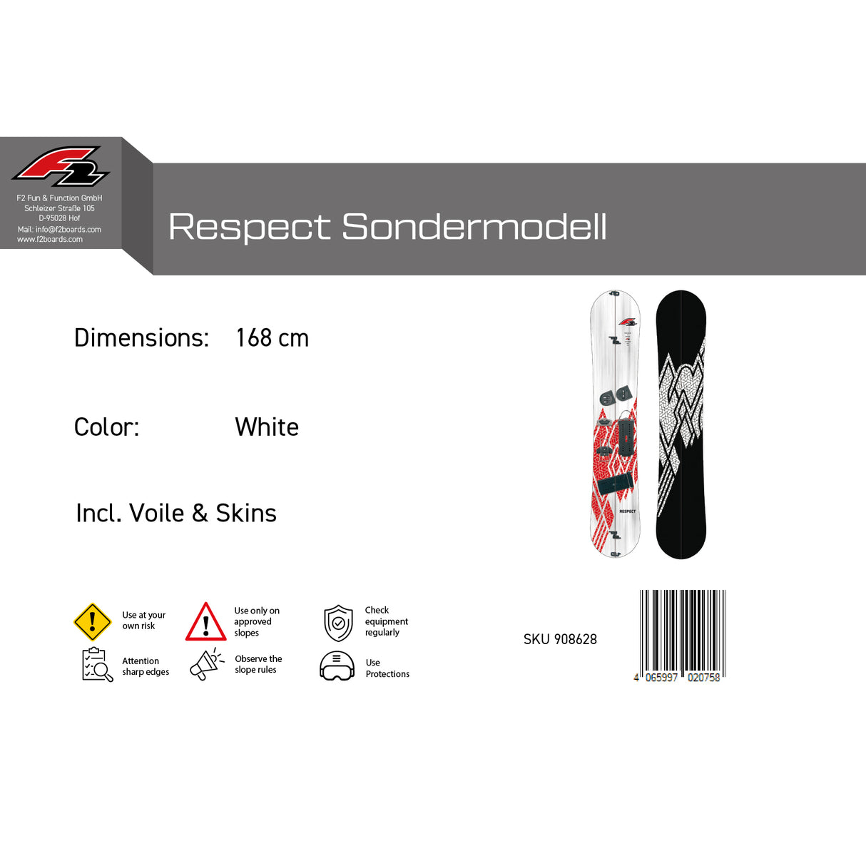 F2 Snowboard Respect + Voile & Skins 168cm Splitboard Weiss – Sale