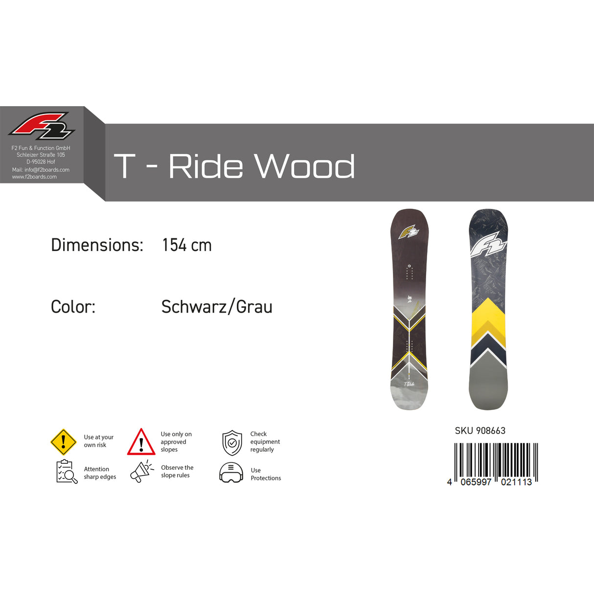 F2 Herren Snowboard T-Ride Wood Freeride Größe wählbar Schwarz/Grau 2023/24