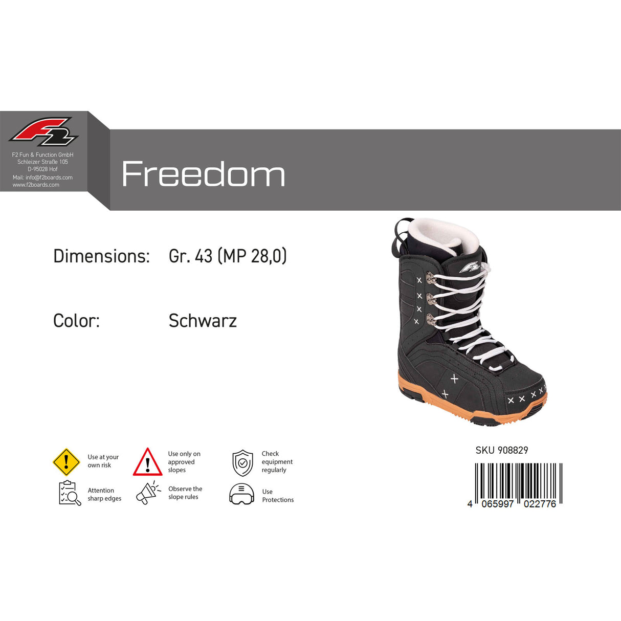 F2 Damen Snowboard Softboots Freedom Gr. 37-43 Größe wählbar Schwarz