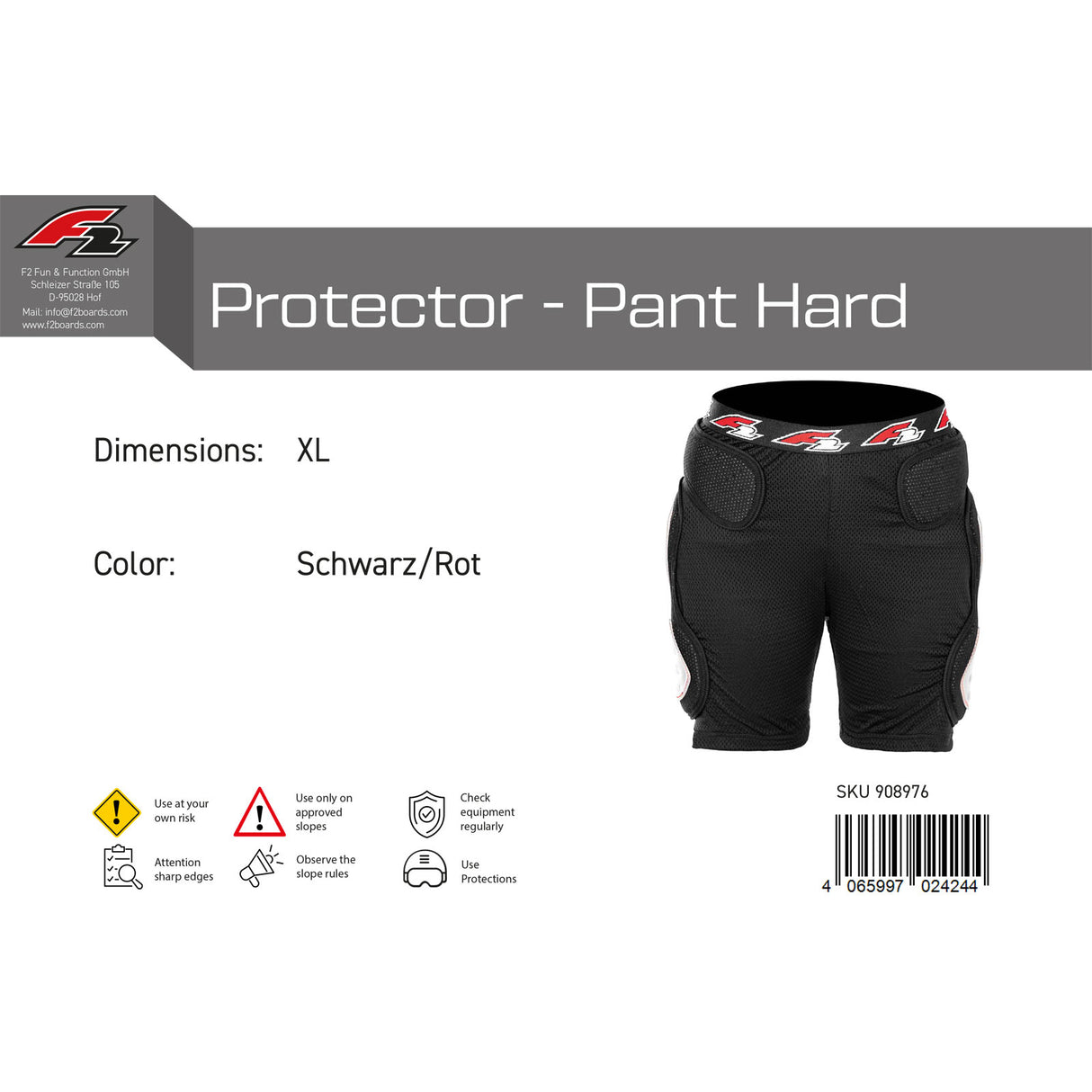 F2 Snowboard Hose Protector - Pant Hard S-XL Größe wählbar Schwarz/Rot