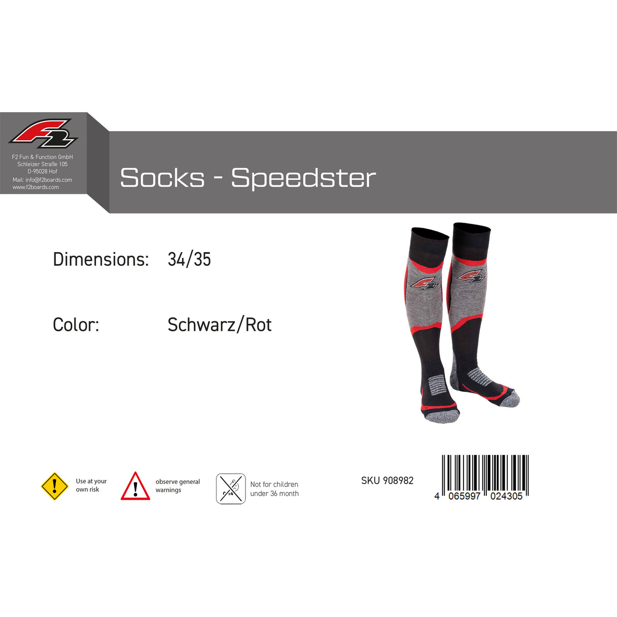 F2 Snowboard Strümpfe Socks - Speedster 34-47 Größe wählbar Schwarz/Rot