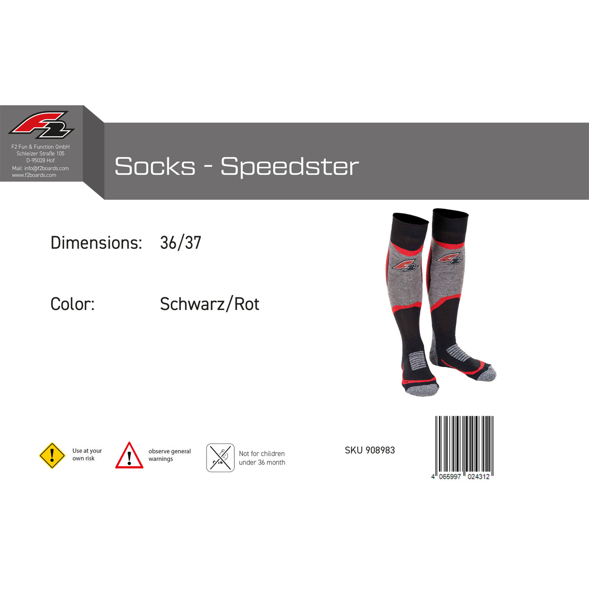F2 Snowboard Strümpfe Socks - Speedster 34-47 Größe wählbar Schwarz/Rot