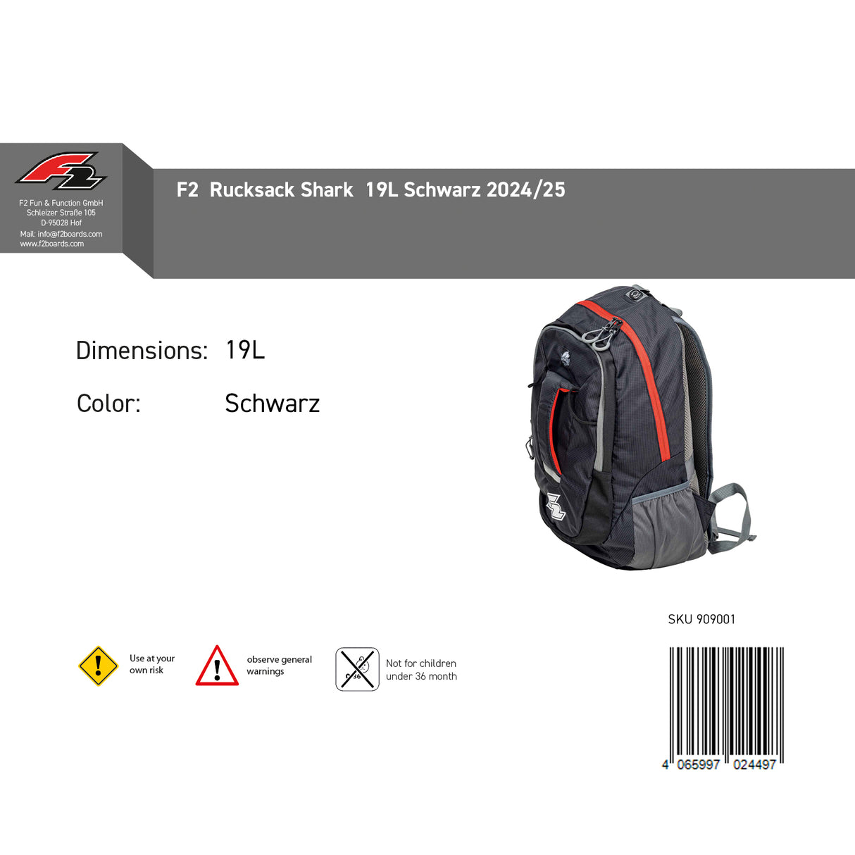 F2  Rucksack Shark  19L Schwarz