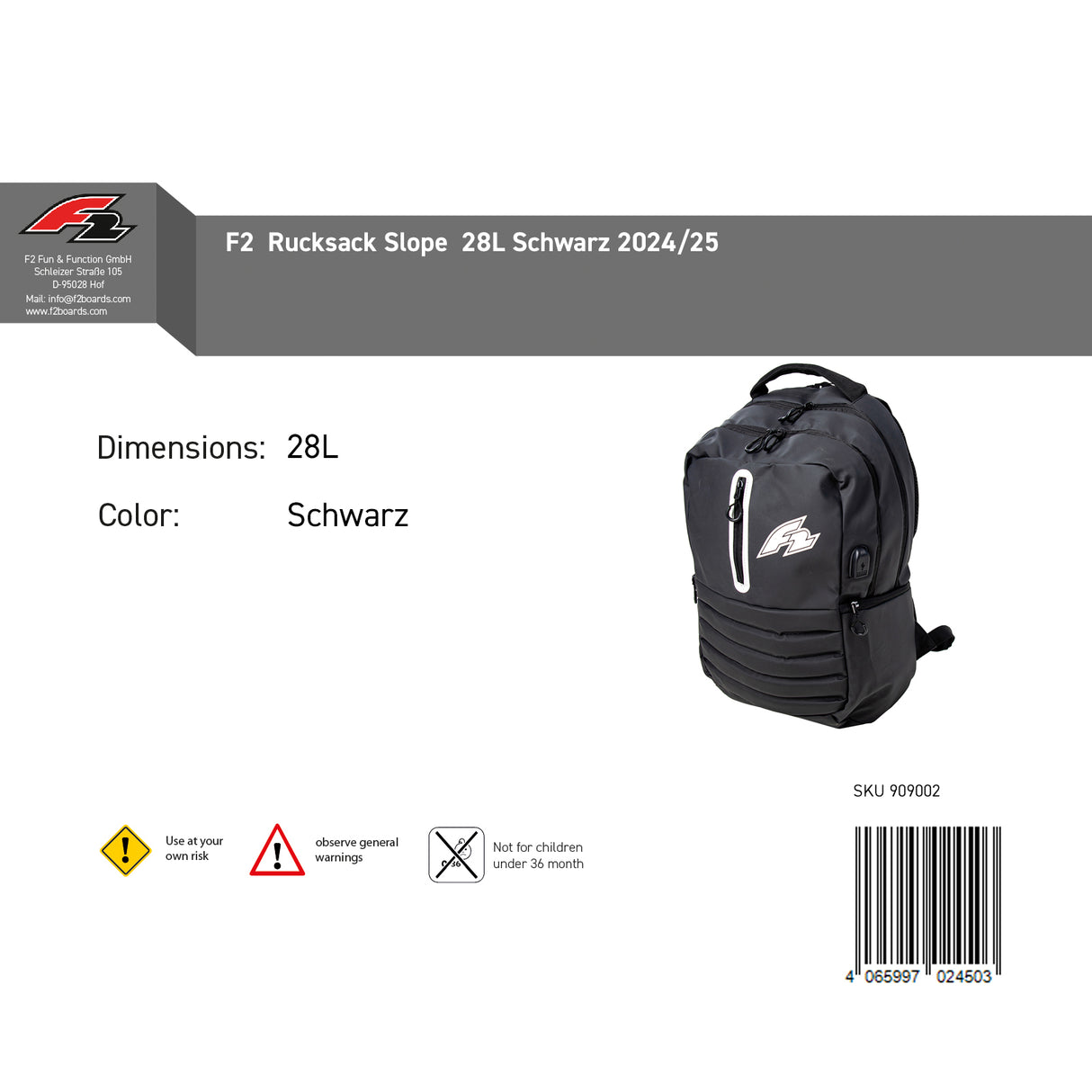 F2  Rucksack Slope  28L Schwarz