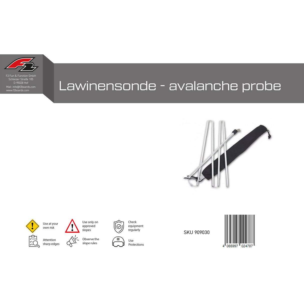 F2  Snowboard Tool Lawinensonde 300cm Aluminium inkl Tasche