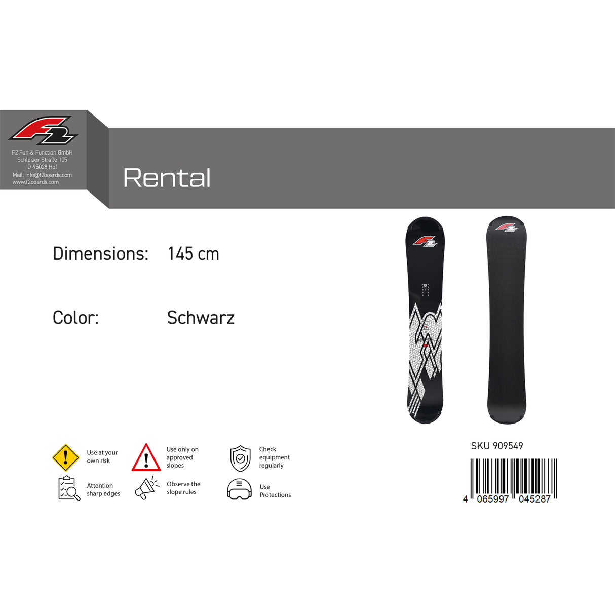 F2 Snowboard Rental Machine mit Protector Größe wählbar Schwarz