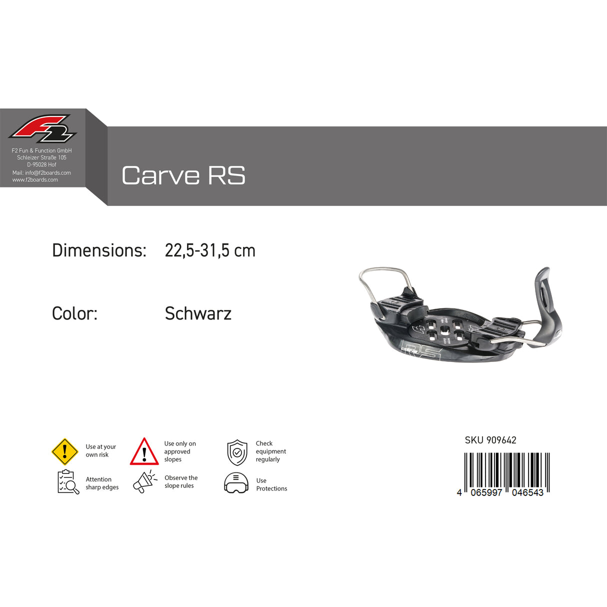 F2   Snowboard Plate Bindung Carve RS  22,5-31,5 cm Schwarz