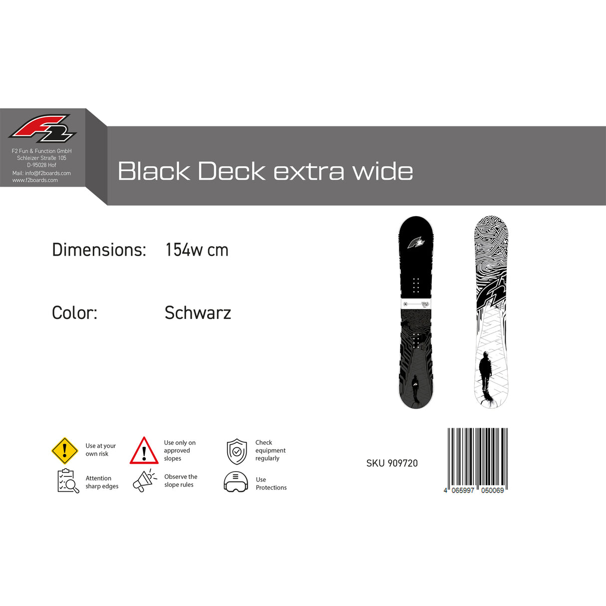 F2 Snowboard Black Deck extra wide Freeride Größe wählbar Schwarz 2025
