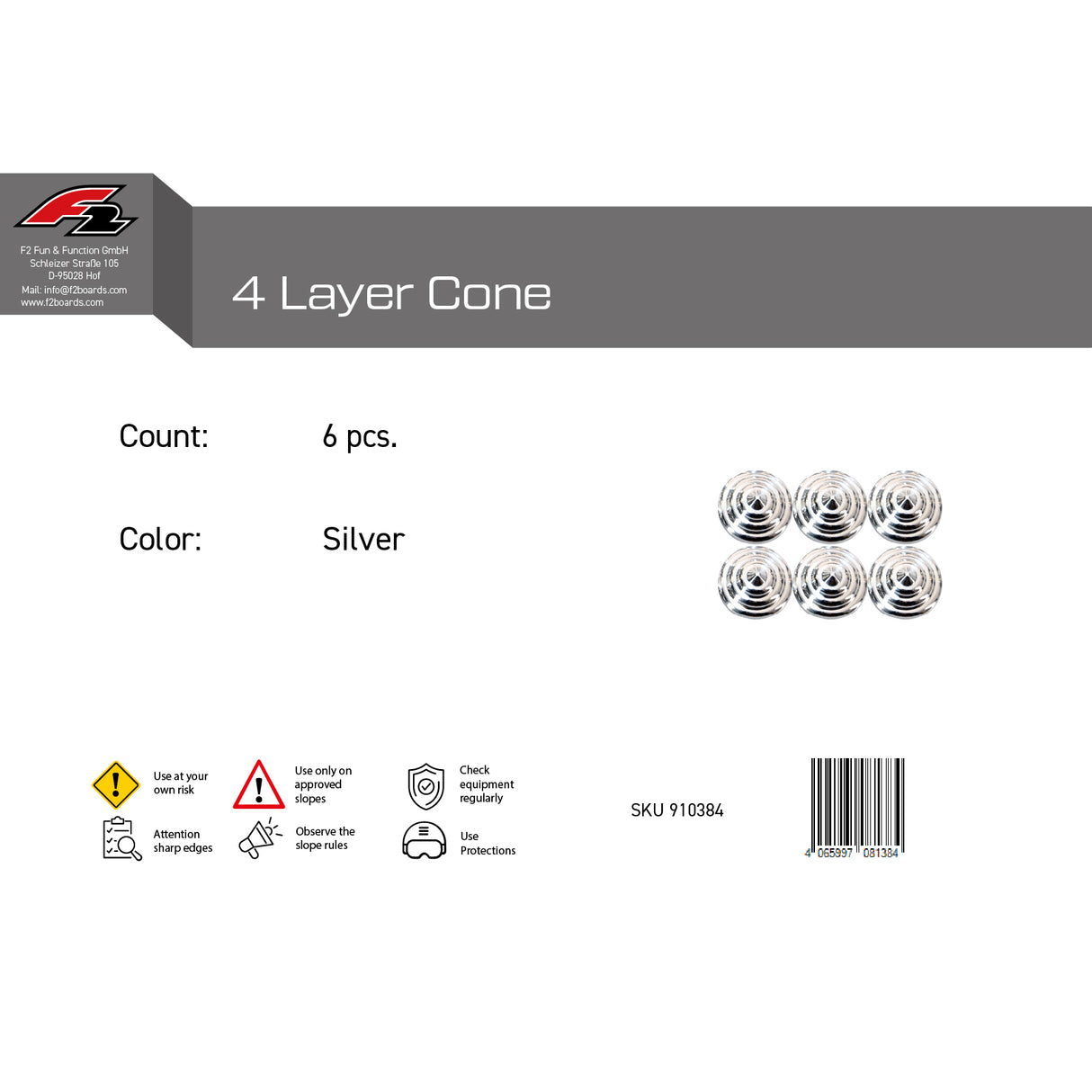 F2  Snowboard Pads 4 Layer Cone 6 Stück/Set One Size Silber