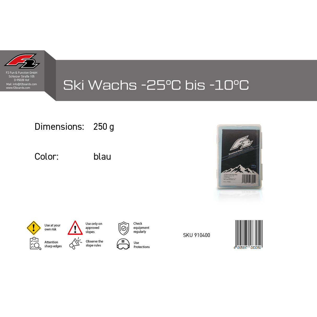 F2 Snowboard Zubehör Snowboard Ski Wachs 250g – Wachs Art wählbar