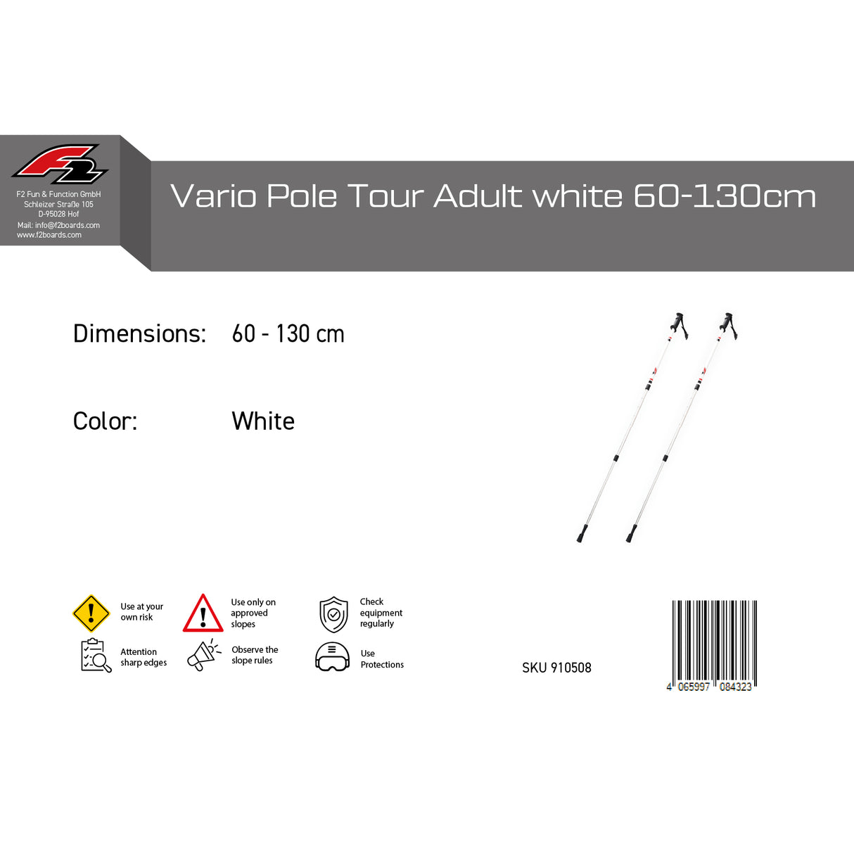 F2  Langlauf Ski Stöcke Vario Pole Tour Verstellbar 60-130cm Weiss