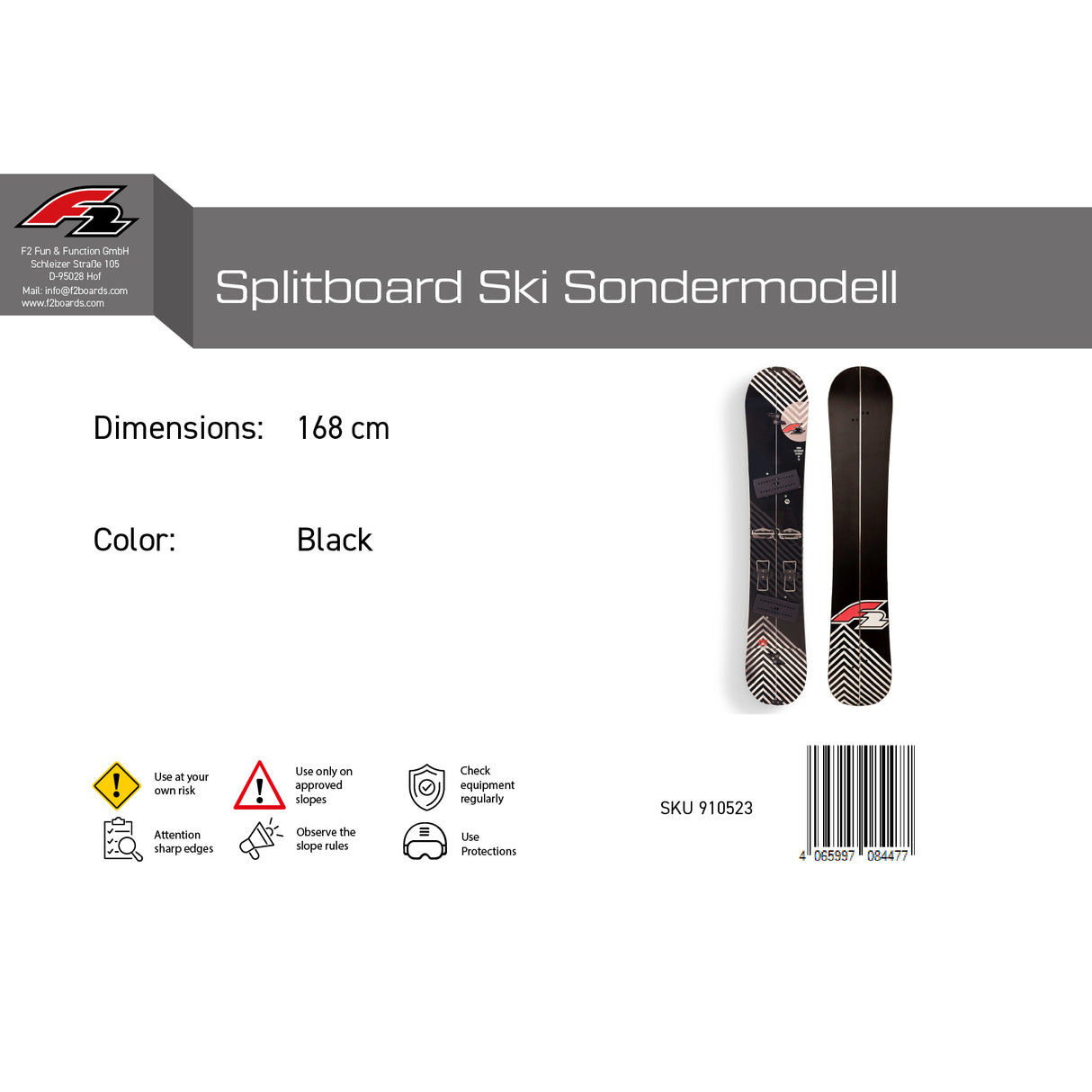 F2 Snowboard Splitboard Ski Sondermodell Schwarz - Größe wählbar