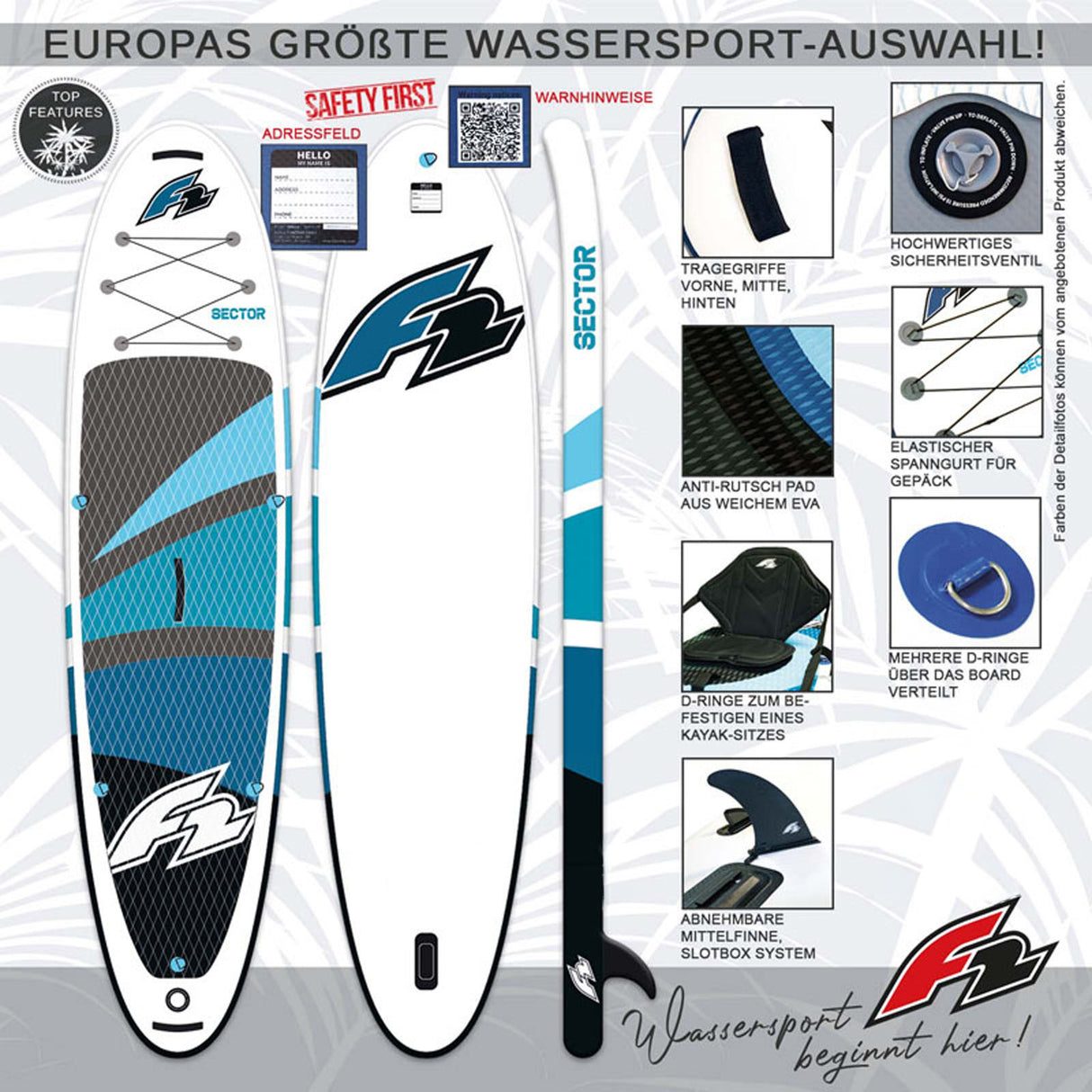 F2 SUP Stand Up Paddle Board Sector 10'5''/11'5"/12'2" wählbar Blau