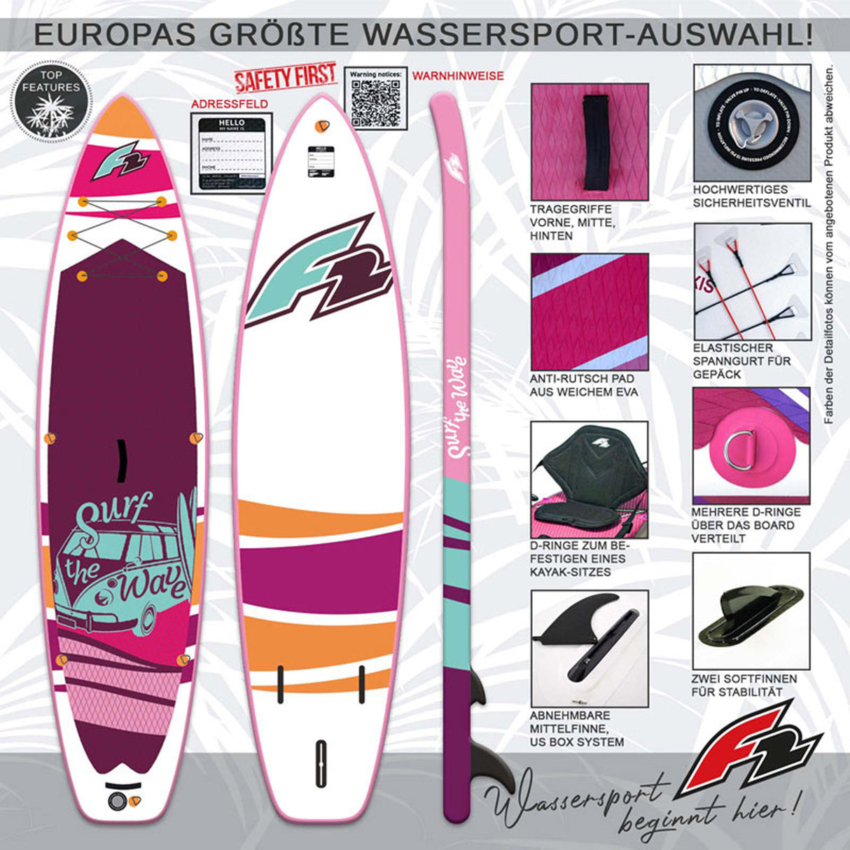 F2 SUP Stand Up Paddle Board Surf the Wave Ltd. Edition Größe wählbar Pink