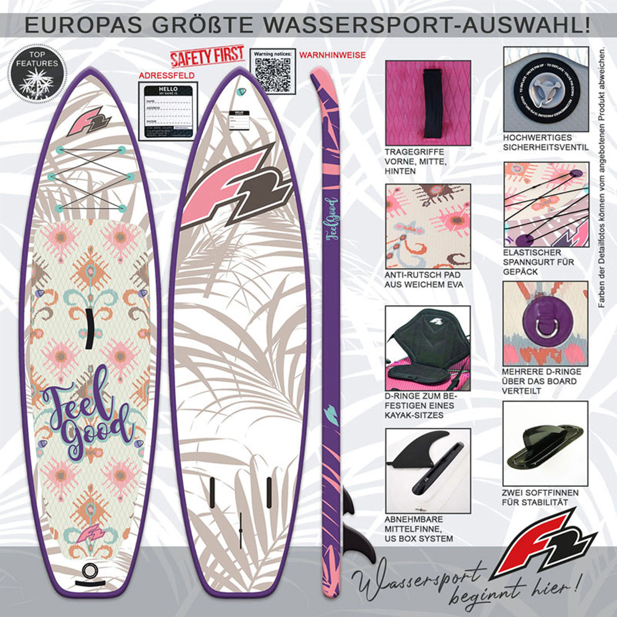 F2 Damen SUP Stand Up Paddle Board Feelgood 10'2''/11'2" wählbar Multicolor