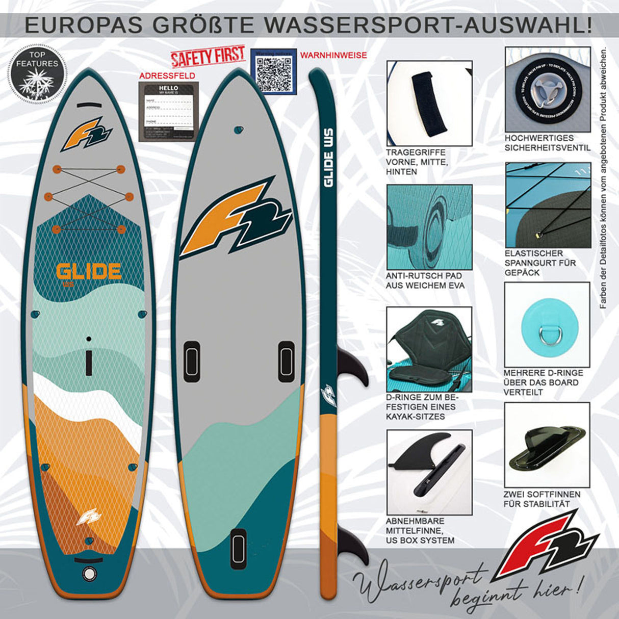 F2  SUP Stand Up Paddle Board Glide WS 10'2''/10'8"/11'7" wählbar Petrol