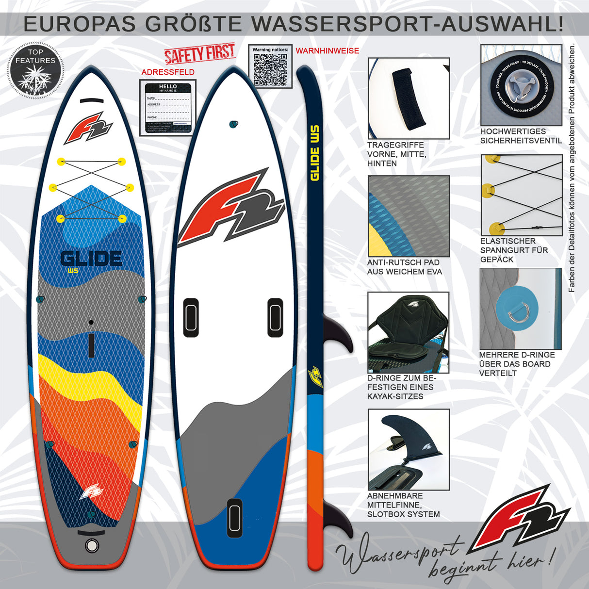 F2  SUP Stand Up Paddle Board Glide WS 10'2''/10'8"/11'7" wählbar Grau