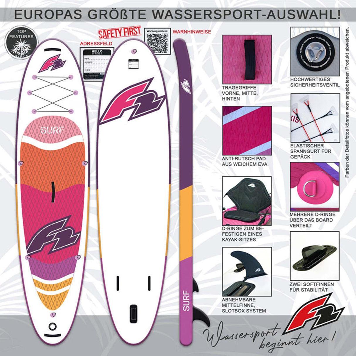 F2 Stand Up Paddle Board Surf SUP Damen 10'2"/10'6" Lila Größe wählbar