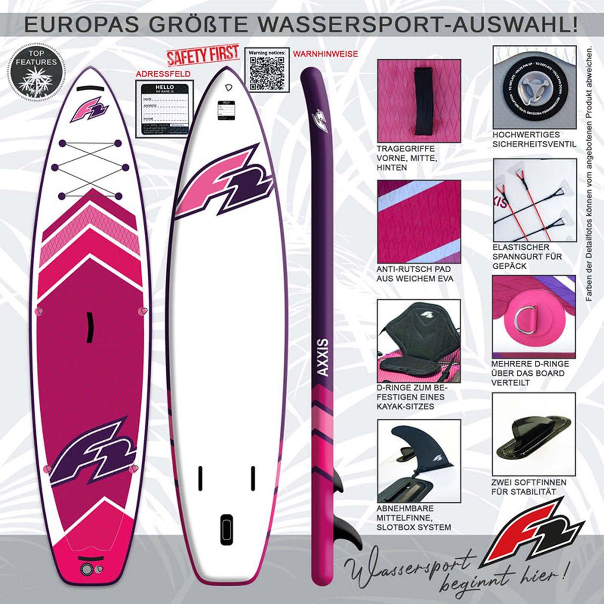 F2  Stand Up Paddle Board AXXIS - Damen SUP Größe wählbar Pink