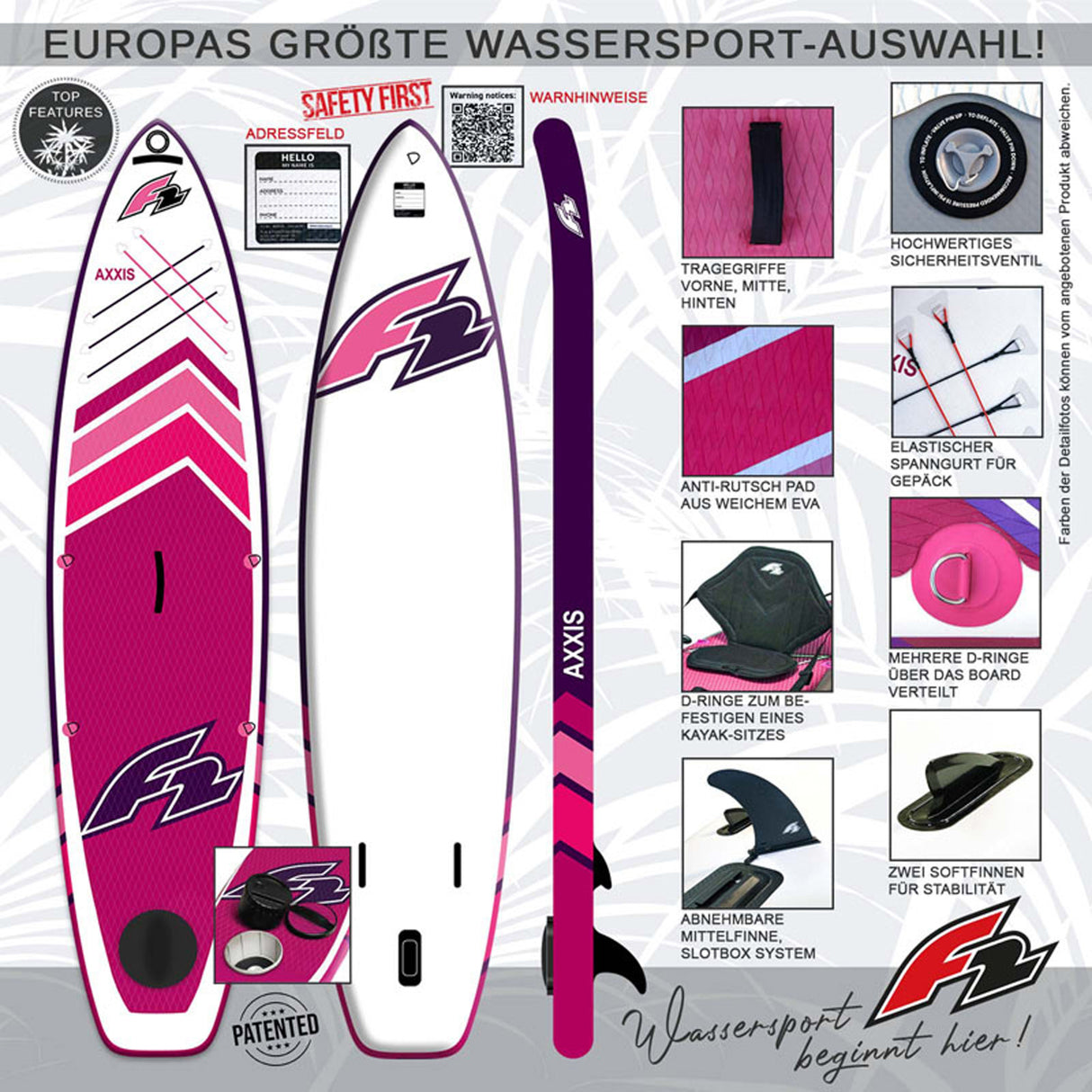 F2 Stand Up Paddle Board AXXIS SMART Damen SUP mit E-Pumpe Größe wählbar