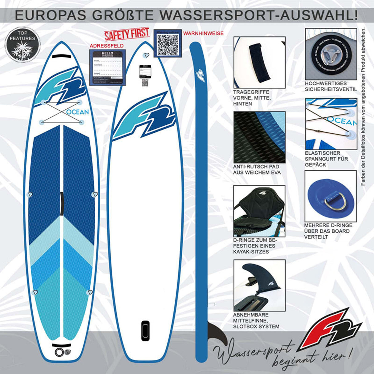 F2 Marken Stand Up Paddle Board OCEAN SUP mit Zubehörpaket - Ausführung wählbar