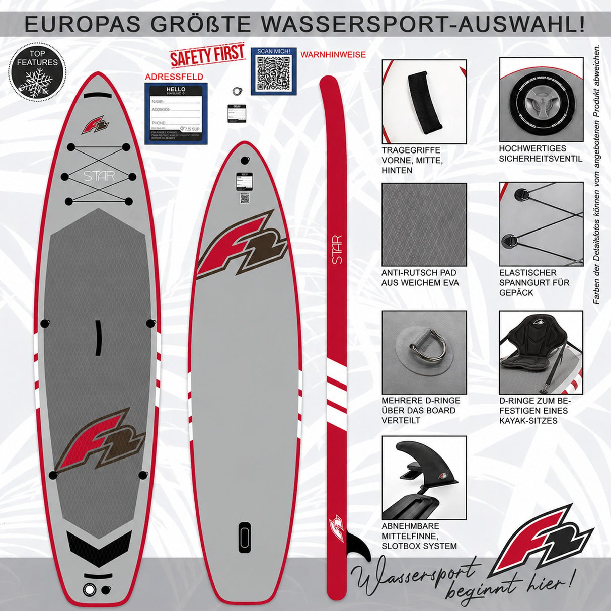 F2 Set Stand Up Paddle Board Star Grau  11,5 + Kajak Zubehör Paket