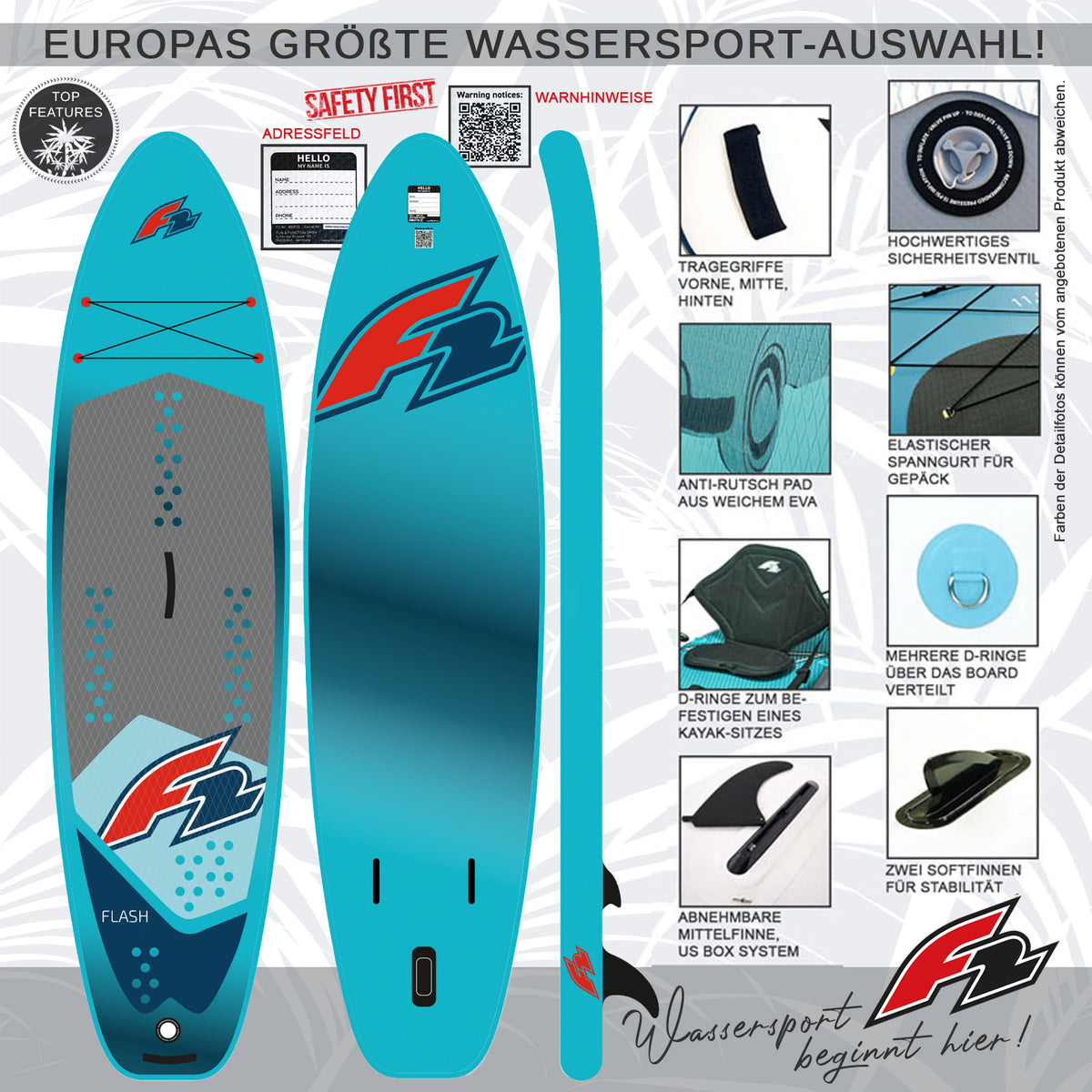 F2  Stand Up Paddle Board Flash Leucht SUP Blau - Größe wählbar
