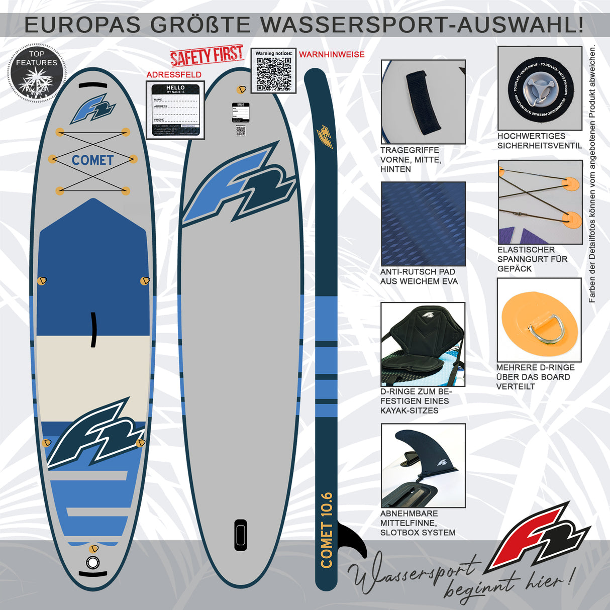 F2 SUP Stand Up Paddle Board Comet - Größe/Farbe/Zubehör wählbar