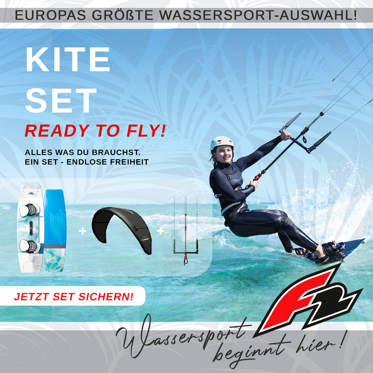 F2 Damen Set Kite Curve + Kiteboard Fluid + Control Bar - Komplettset Größen wählbar