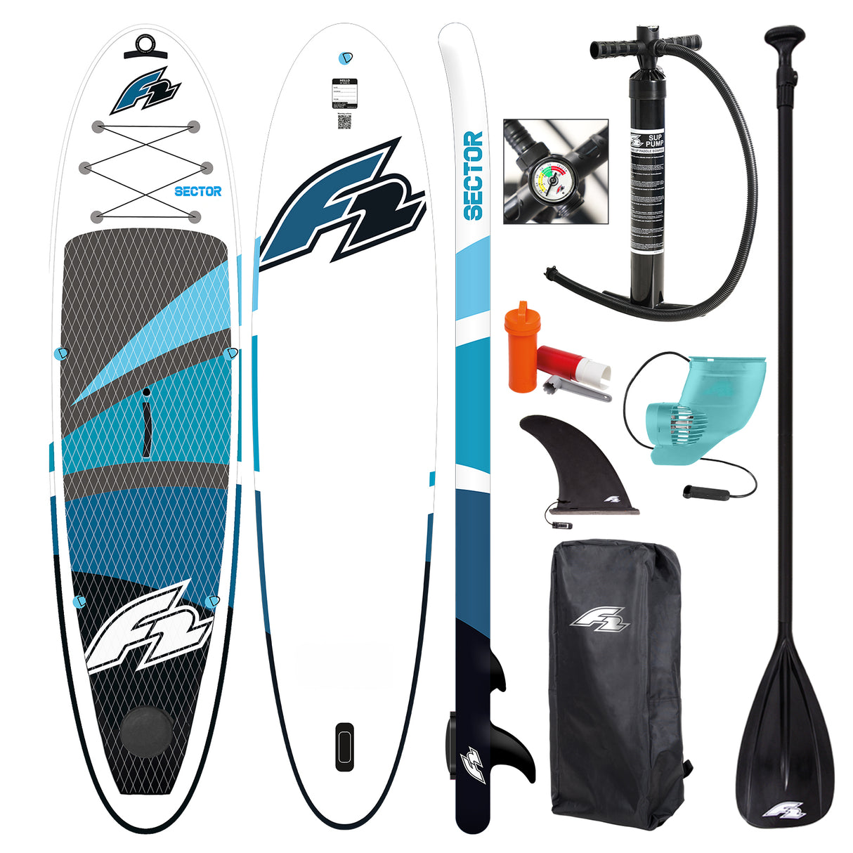 F2 Stand Up Paddle Board SECTOR SMART 10,5 Blau mit E-Pumpe + E-Finne