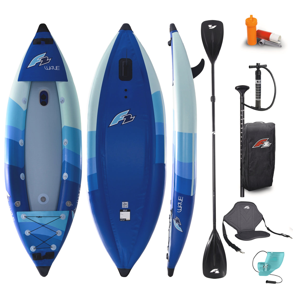 F2 Kajak Set Wave 1 Sitzer Aufblasbar 300cm Blau inkl. Elektro Finne
