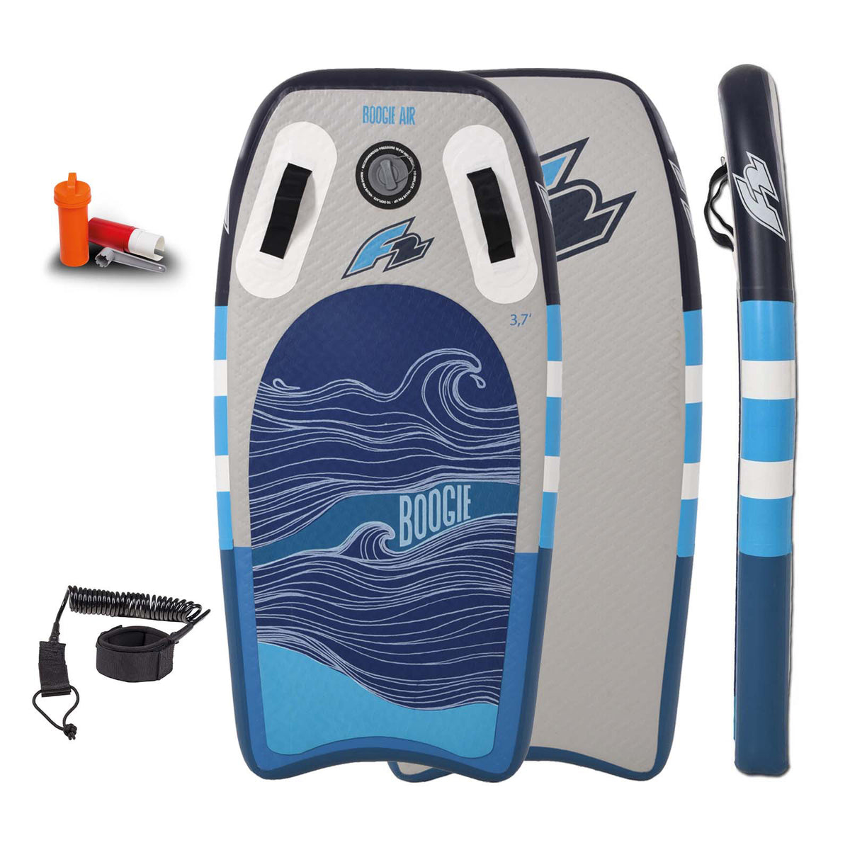 F2  Inflatable Body Board Boogie Board Air mit Leash 3,7 Blau