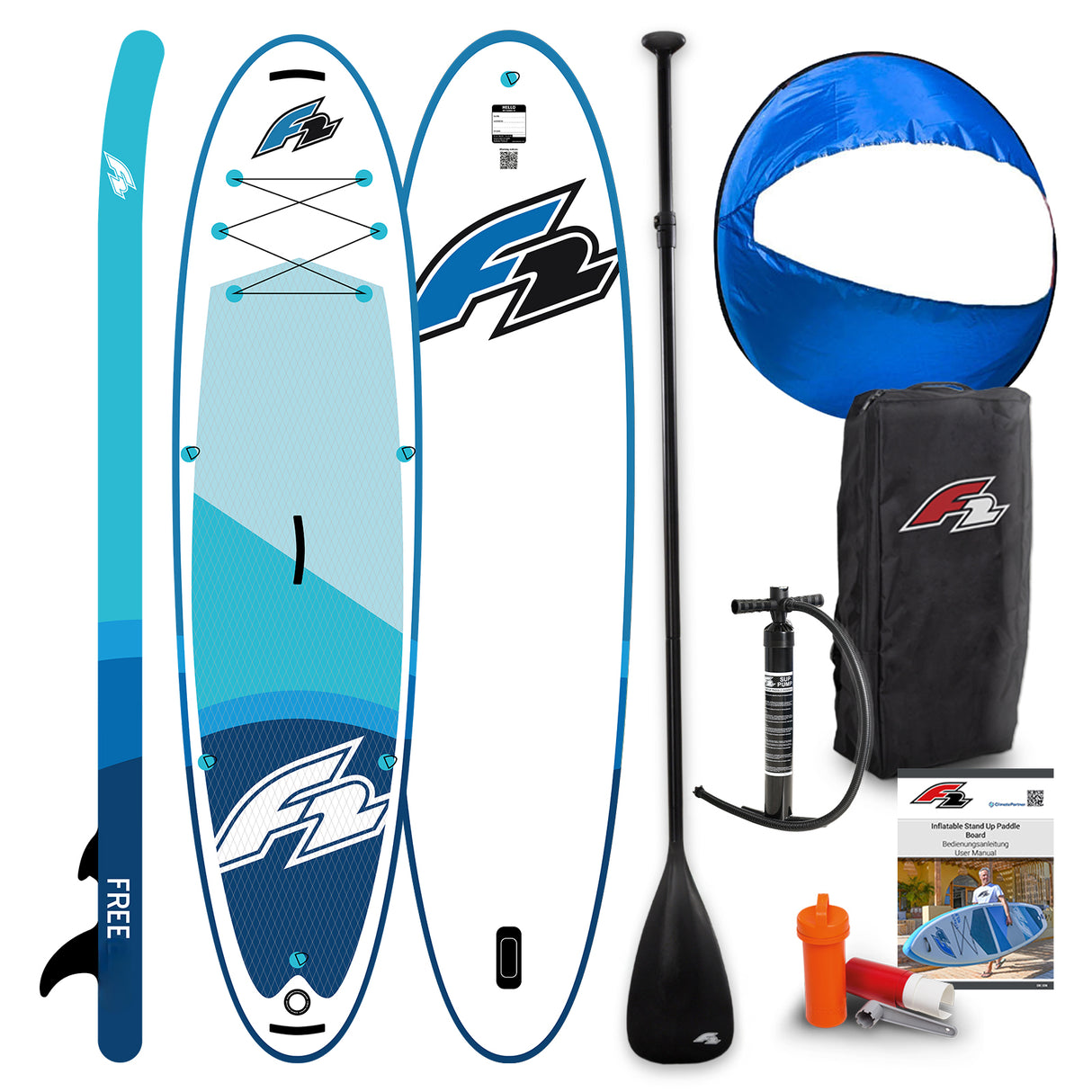 F2 Stand Up Paddle Board FREE - Round Sail - SUP Set Größe wählbar Blau