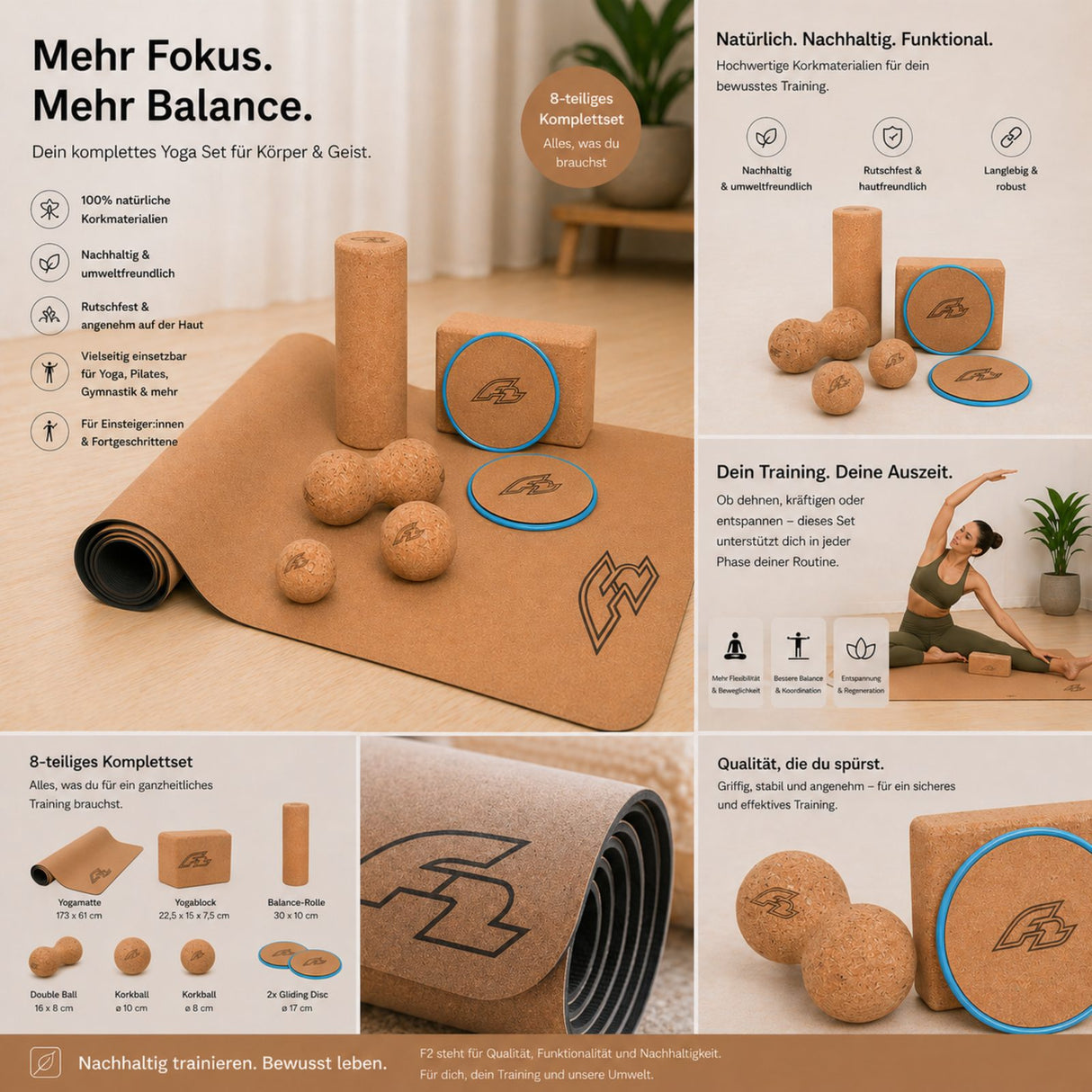 F2 The Ultimate - Yoga Set 8-teilig viel Zubehör wie Yoga Matte, Korkbälle uvm.