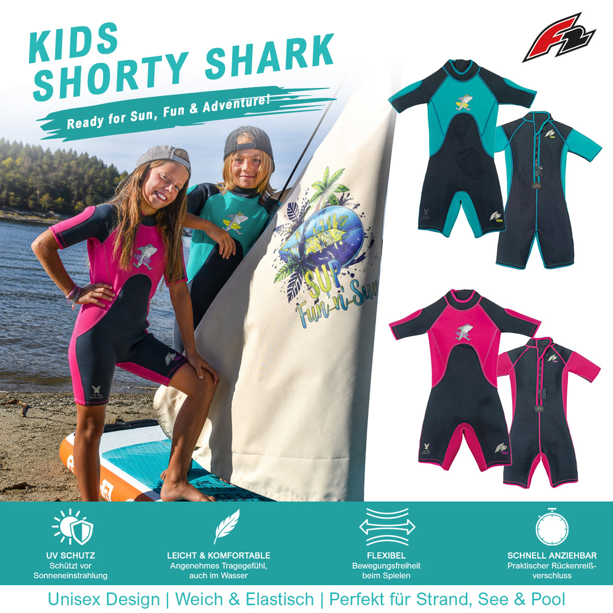 F2 Junior Neopren Anzug Shark Shorty 3,5mm Kurz - Größe/Farbe wählbar