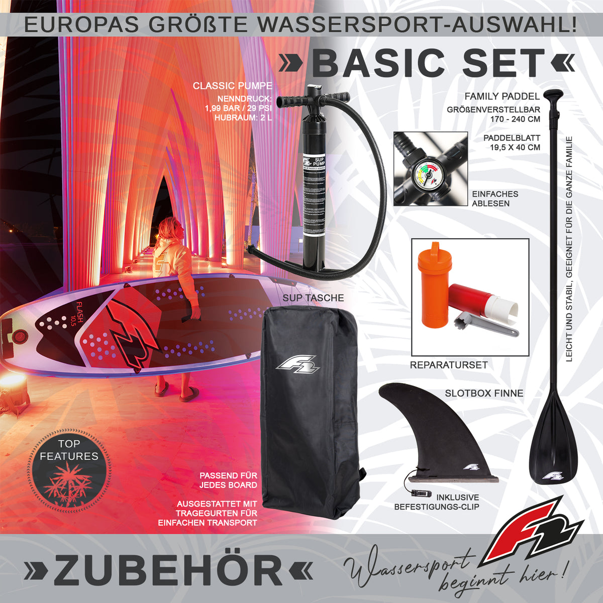 F2  Stand Up Paddle Board Flash Leucht SUP Blau - Größe wählbar