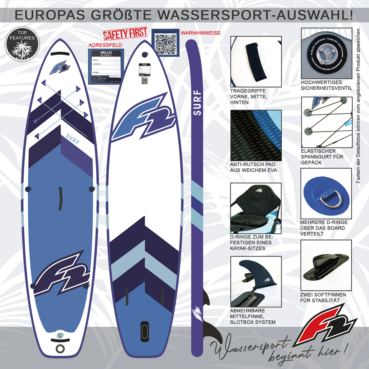 F2 SUP Stand Up Paddle Board Surf HFT Weiss/Blau - Größe wählbar