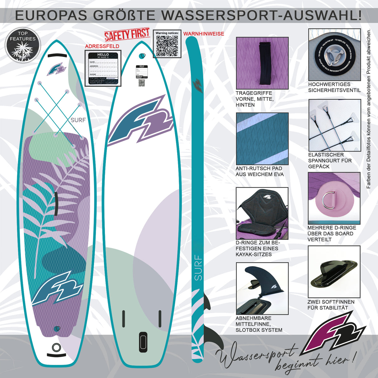 F2 SUP Stand Up Paddle Board Surf Woman V2 Weiß/Türkis - Größe wählbar