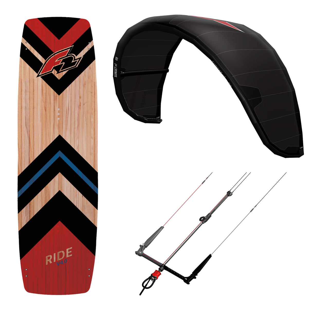 F2 Set Kite Sunset V1 |Kiteboard Ride Lightwind Wood |Control Bar Größen wählbar