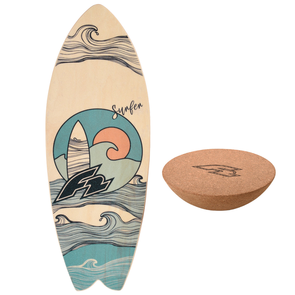 F2 Set Balance Board Surfer 87x32cm mit Kork Halbkugel