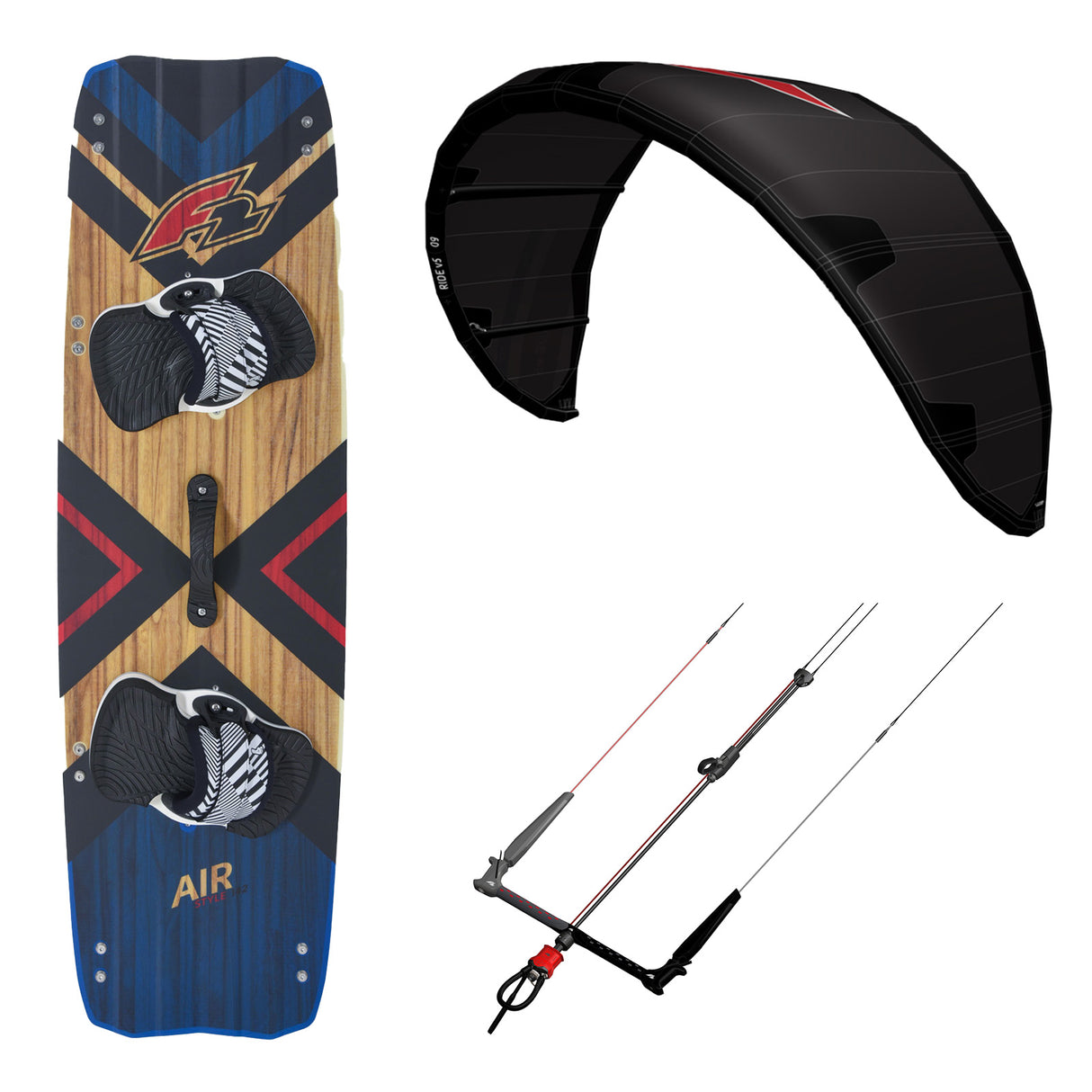 F2 Set Kite Ride V5 mit Kiteboard Air Wood und Control Bar Komplettset Größen wählbar