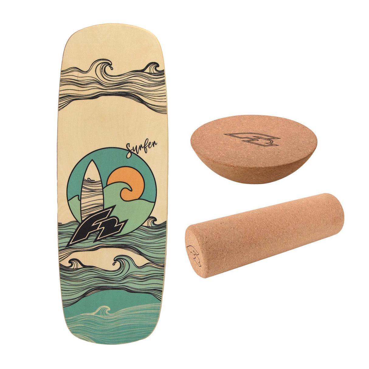 F2 Set Balance Board Pill 86x30cm + Halbkugel und Korkrolle
