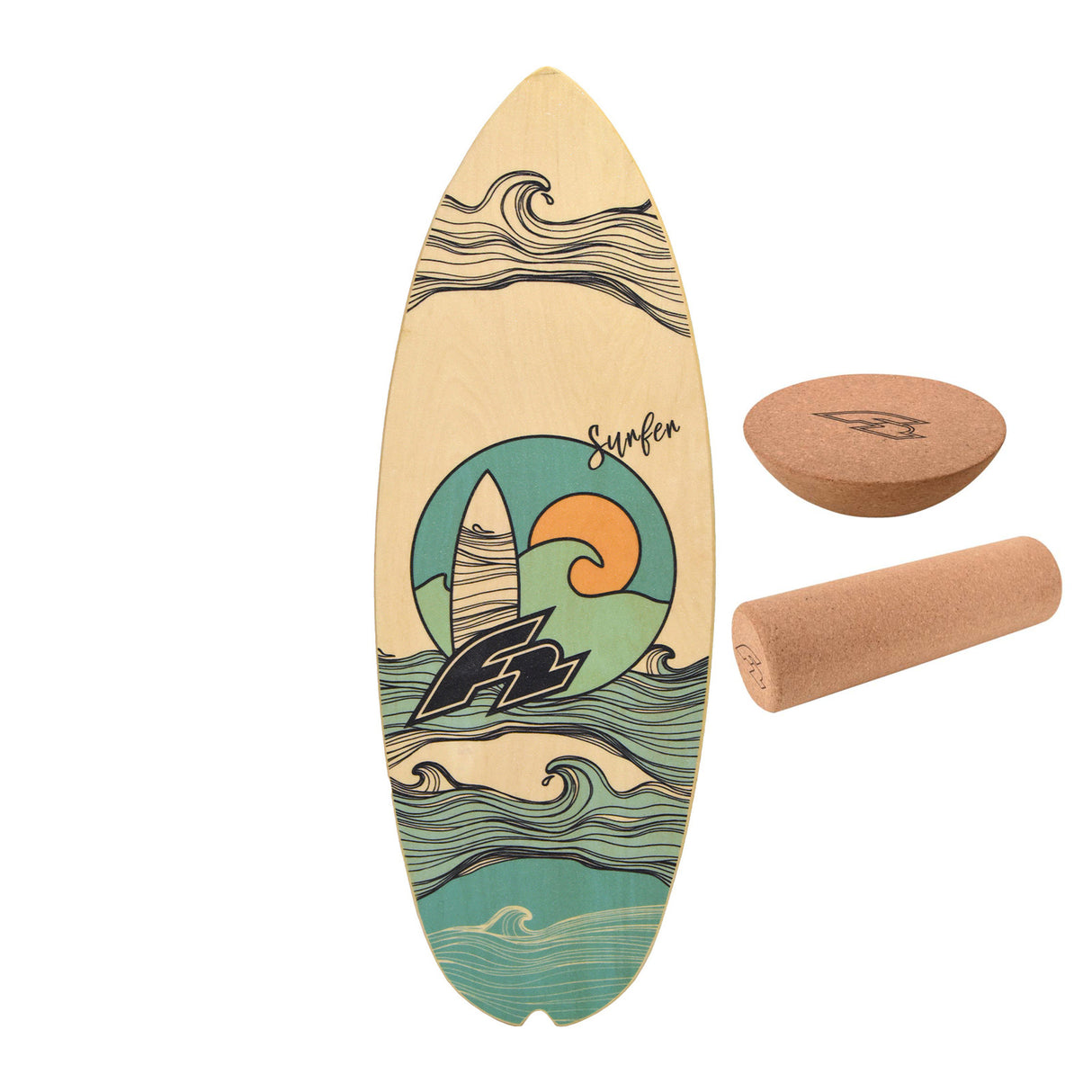 F2 Set Balance Board Surfer 87x32cm + Halbkugel und Korkrolle