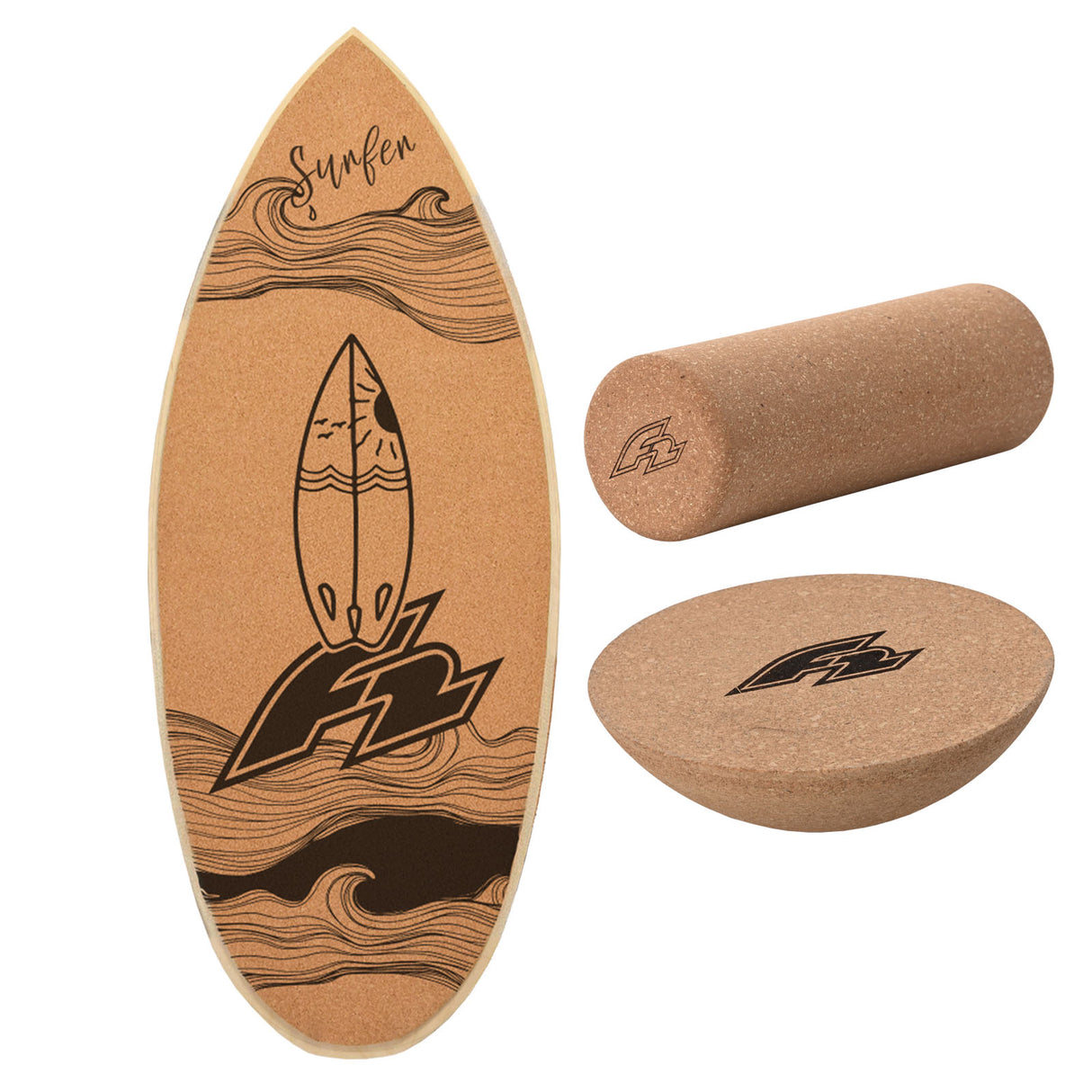 F2 Kork Balance Boards mit Korkrolle + Kork Halbkugel - Komplettset Modell wählbar