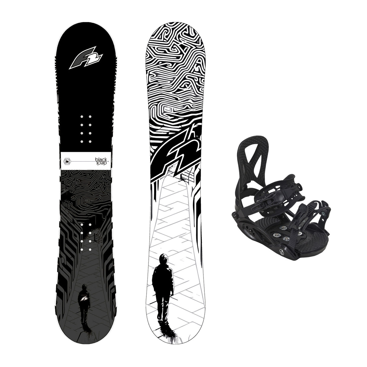 F2 Set Snowboard Junior Black Deck mit Pipe Bindung Komplettset Größen wählbar
