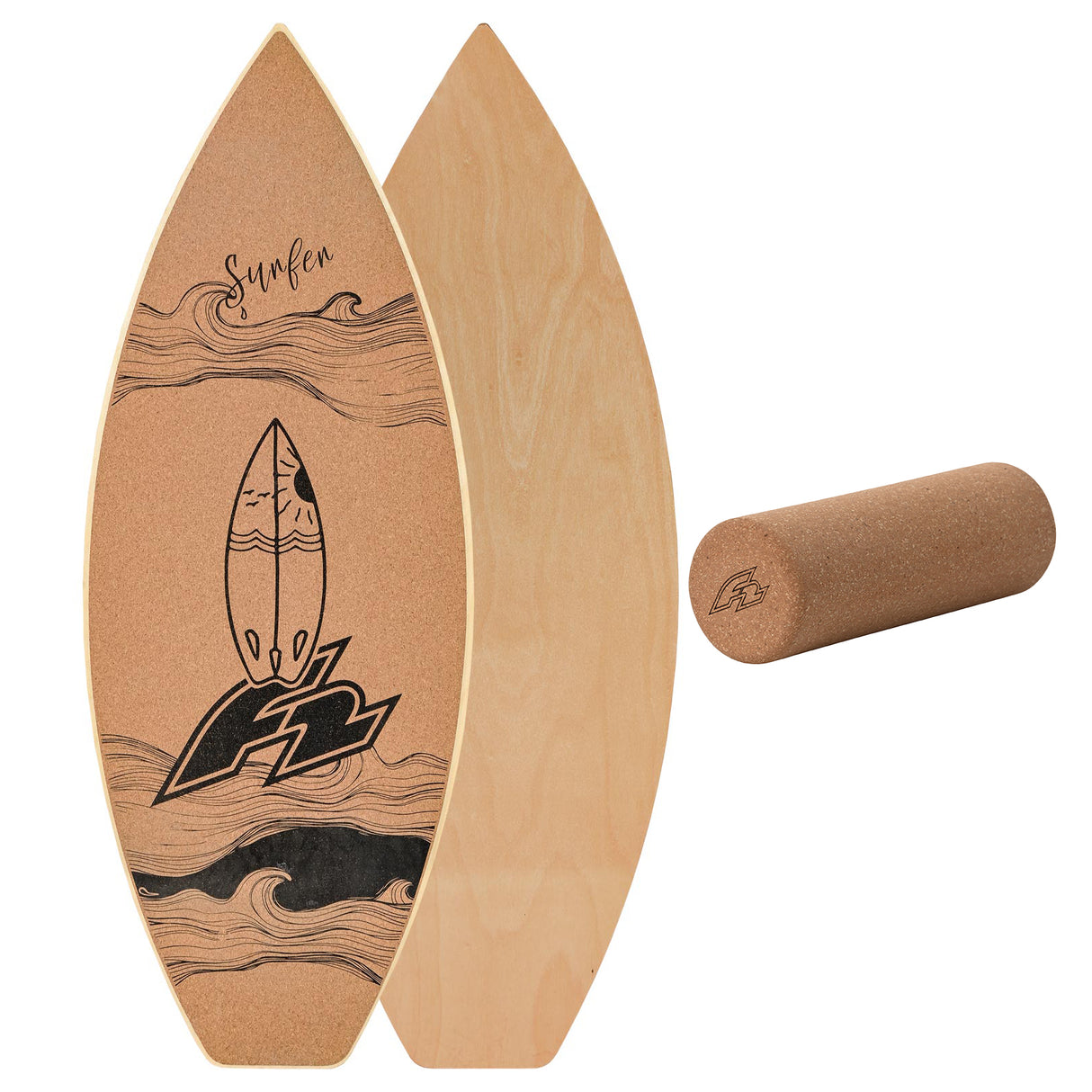 F2 Set Kork Balance Board Surf Flat Shape 84x31cm + Korkrolle